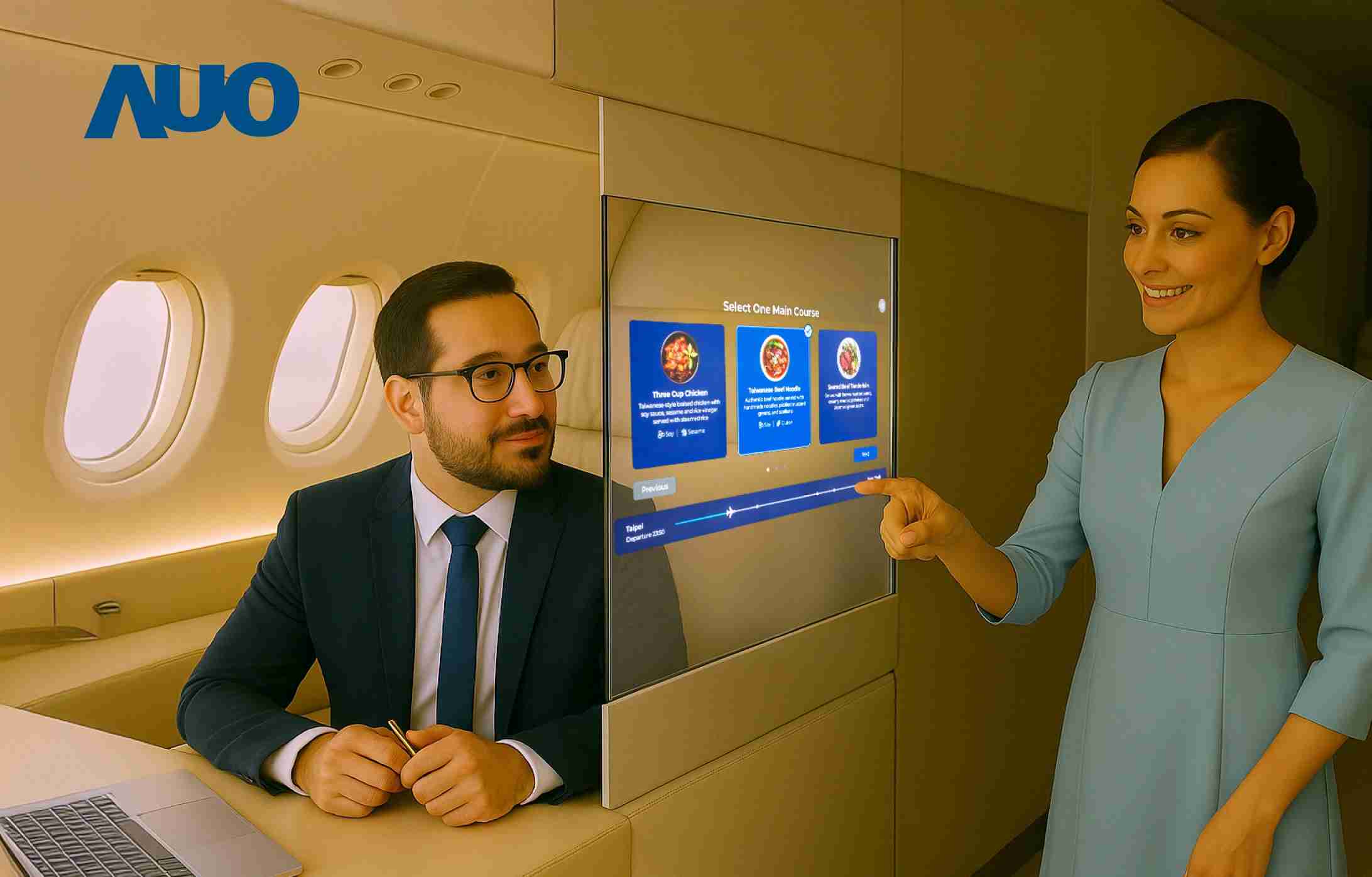 尊龙集团研发全球最薄17.3 吋双面透明 Micro LED 显示器，，，可在同一屏幕之双边投射不同信息，，创造独特的”透明化”互动；图为实时翻译交流应用情境